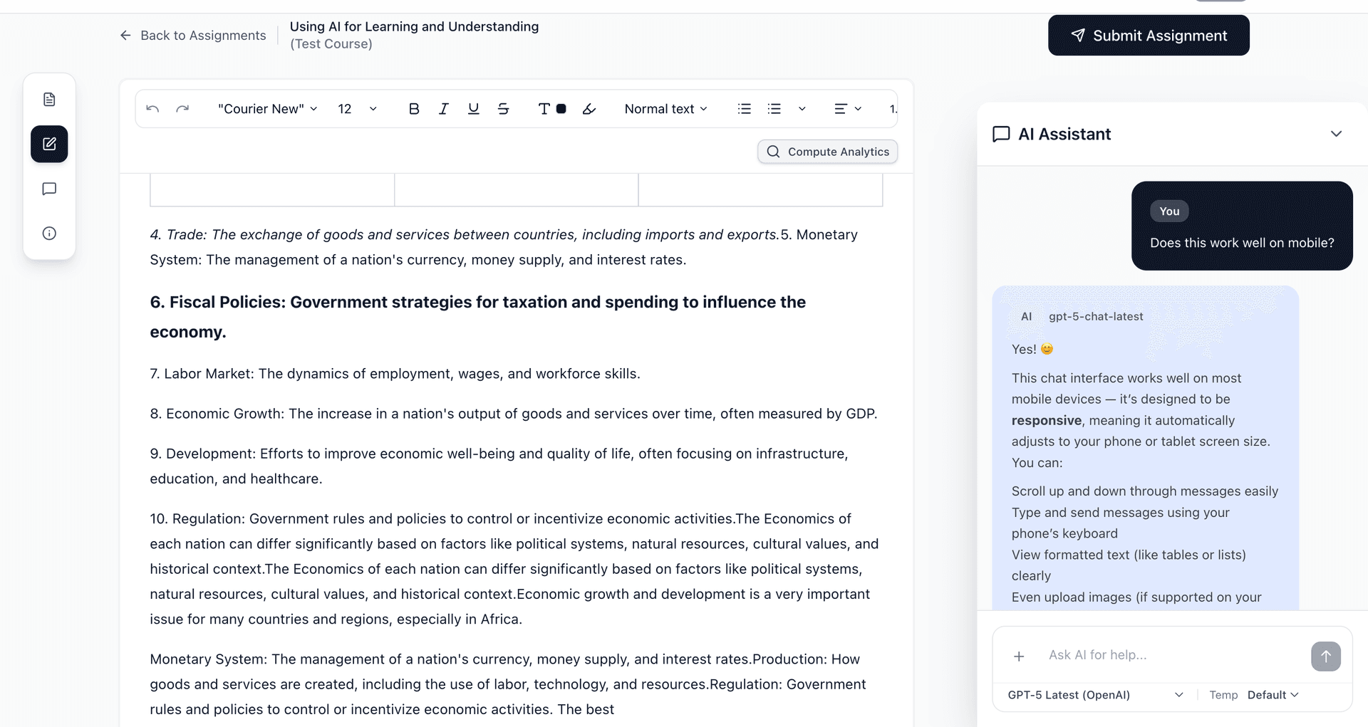 Student workspace with AI chat